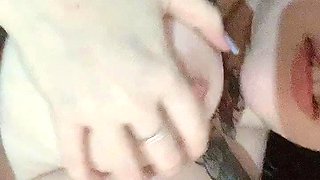 Busty curly brunette with big boobs fucks on couch