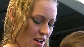 Wet T-shirt in the Workshop - Blonde Hoses Down Her Girlfriend and Licks Her