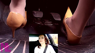 Driving in Leather Pointing Pumps and Nude Stockings