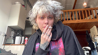 Cute Goth Smoking a Cig in a Hoodie No Makeup