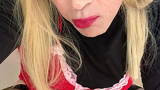 Amateur Sissy Crossdresser try's to squirt on dildo  for Daddy and talks about him paying  $8k for her breast  implants