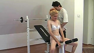 Hot mature blonde takes hard cock and a hot facial on the weight machine