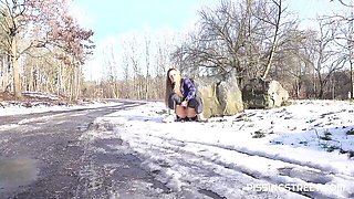 Outdoor pissing session with a long-legged blonde babe Lara Fox