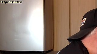 Gloryhole gay loves sucking stiff dick while stroking it