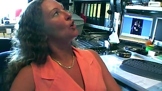 Curly Brunette Rides Hard on Office Chair