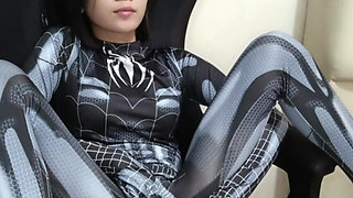 Black Spider Girl learned how to finger using a dildo