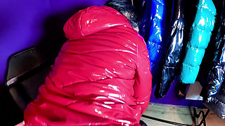 Red Glossy Downjacket POV. Smoking, Doggy Style and Double Cum on My Jacket