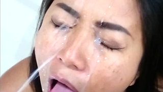Petite MILF Receives a One Man Bukkake