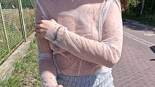I Walk Around the City in a Transparent T-shirt and Flash My Breasts Outdoor