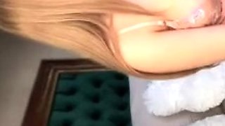 Close up with blonde hottie blowing a large dick