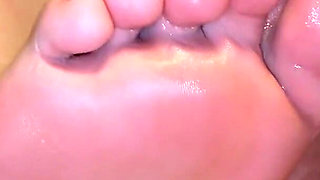 Close up BBW German MILF Wrinkled Soles Footjob Cumshot