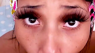 Sweert ebony Blue Skye insatiably POV blowjob and cum swallow