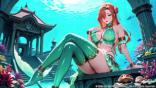 Red-haired Mermaid Princess's Private Tour in the Underwater Palace, Green Bikini hugging her curves, Heeled Boots on soft sand,