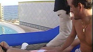 Pretty Brunette Babe with Small Tits Gets Fucked with Cum to Mouth by the Pool