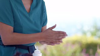 Sensual Outdoor Massage with Two Oiled-Up Brunettes