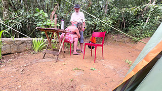 Naughty woman gives a blowjob and rides a stranger at the campsite.