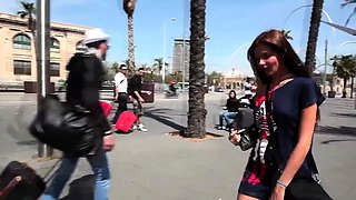 Lewd brunette ashley storm jerks big cock outdoor