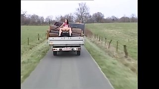 Horny MILF Fucks on Running Truck - Outdoor Sex with Big Ass Brunette