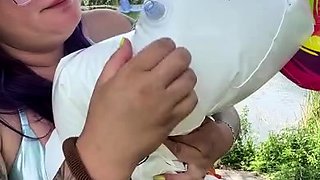 Lewd brunette ashley storm jerks big cock outdoor