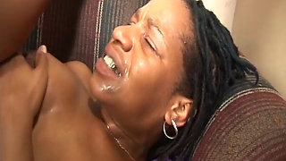 Hot coloured woman in violet gets her mouth full of cum after cock riding
