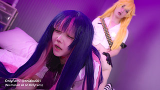 Panty & Stocking Part 2 - Cute girl Aku and femboy Aroma cosplay cowgirl side missionary doggy & cum