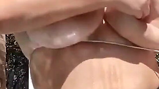 Outdoor Micro Bikini Top and White Panties Oil Tease!