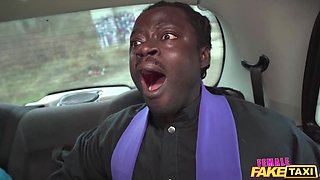 Fake driver, but hot ebony milf gets into the backseat with him for some fun