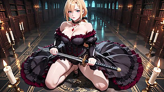Blonde in a Black Gown Swaying on Red Velvet, Candlelight Gaze and Fan Teasing the Collarbone