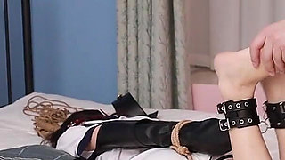 A Cute College Girlfriend Tries on the Restraints of a Leather Single Glove and Leather Ankle Shackles, Tickling Her Feet