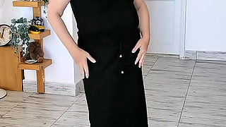 Hot MILF Shaking Huge Natural Boobs, Wearing Black Stockings and High Heels