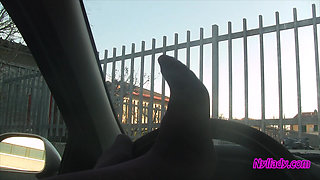 Nyllady's Footjob to Gearshift and Wheel in Patterned Pantyhose
