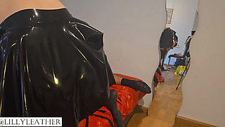 Slave Gets Fucked Anal by Latex Mistress with Big and Long Dildo and Eats His Own Cum