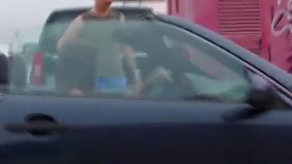 Great hottie fucked in the ass bent over a car