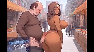 Malaysian hijab girl big breasts big butt at street market - ugly old man kisses and fucks her - hentai ai cartoon