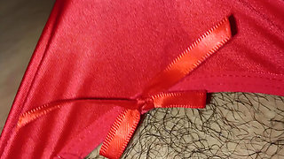 3rd Time Cumming on my Wife's Red satin thong with ribbon So sexy Makes me cum everytime I wear it..